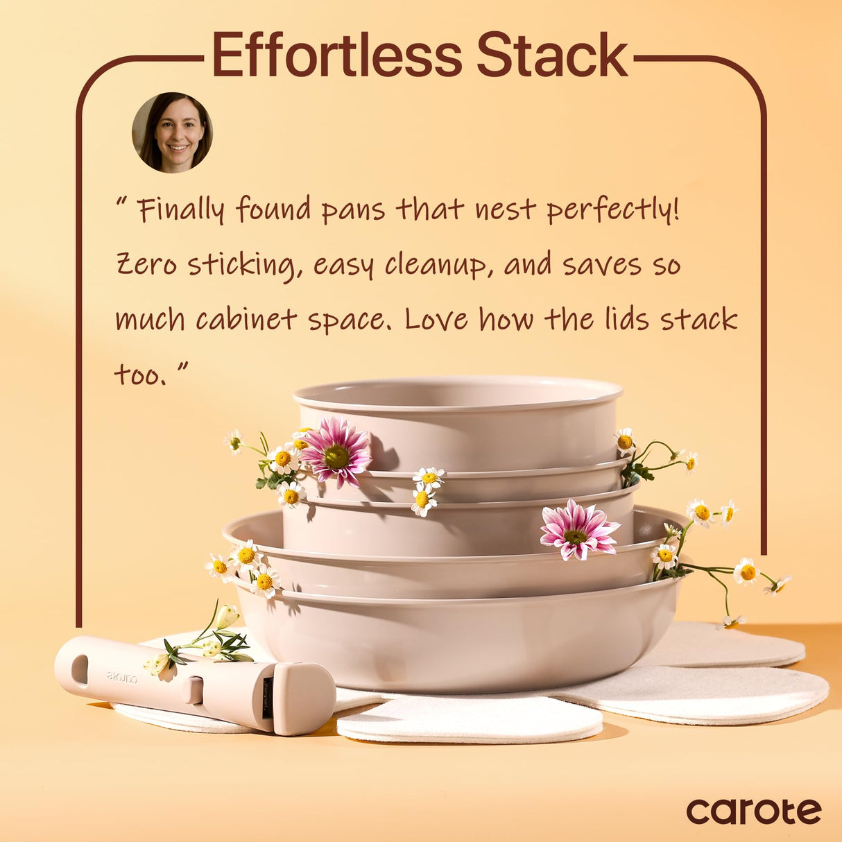 CAROTE 15pcs Ceramic Cookware Set, Pots and Pans Set Non Stick, Induction Kitchen Casserole Sets, Non Stick RV Set with Detachable Handle, Dishwasher/Oven Safe, Taupe