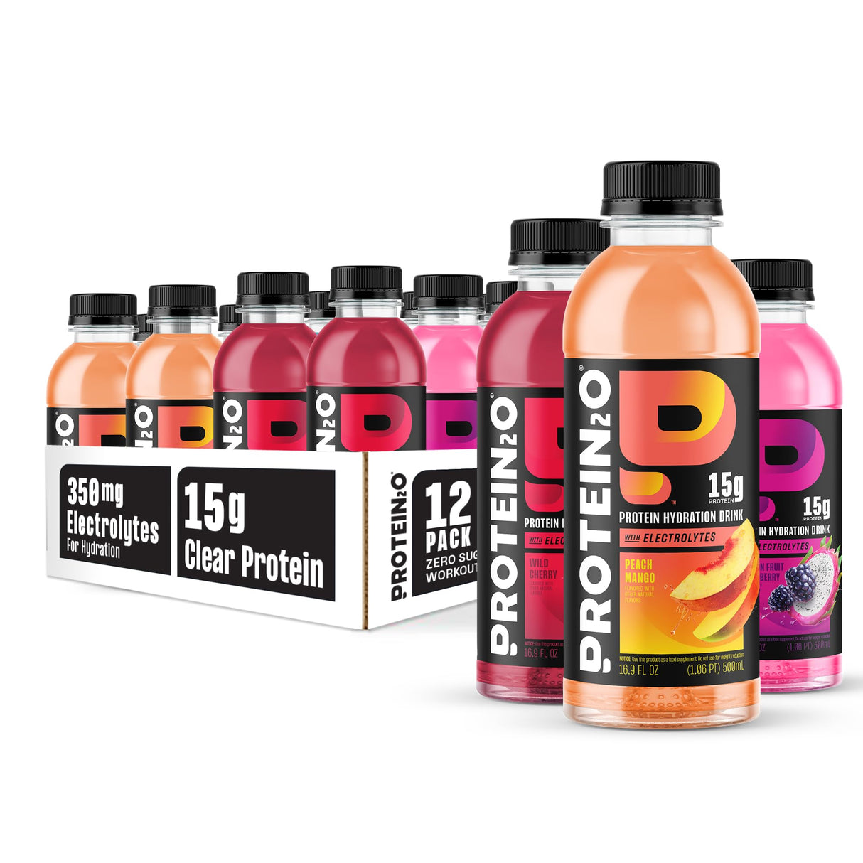 Protein2o Hydration Drink - 2-in-1 Liquid Clear Whey Protein Isolate and Electrolyte Drink - 15g Protein, Vitamins B5, B6 - Post-Workout Recovery - 16.9 Fl Oz - 12 Count Flavor Fusion Variety Pack