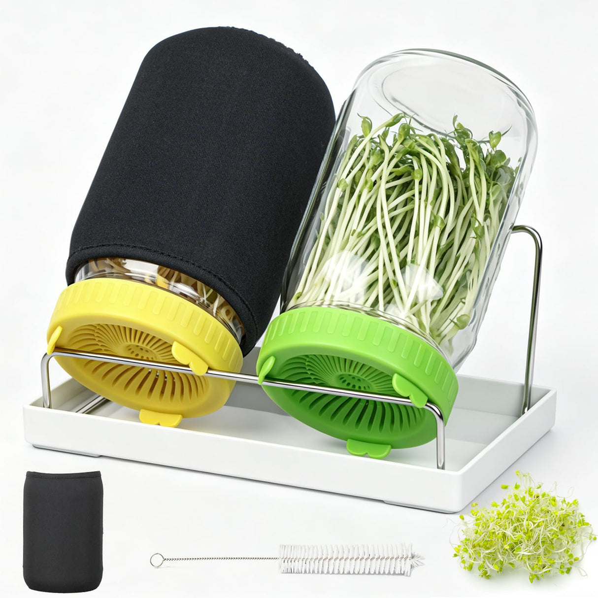 Seed Sprouting Kit - 2×32 Oz Wide-Mouth Mason Jars with Sprouter Lids, Stand, Sprout Tray & Light Shield, for Broccoli, Alfalfa, Mung Beans & Microgreens (Yellow + Green)