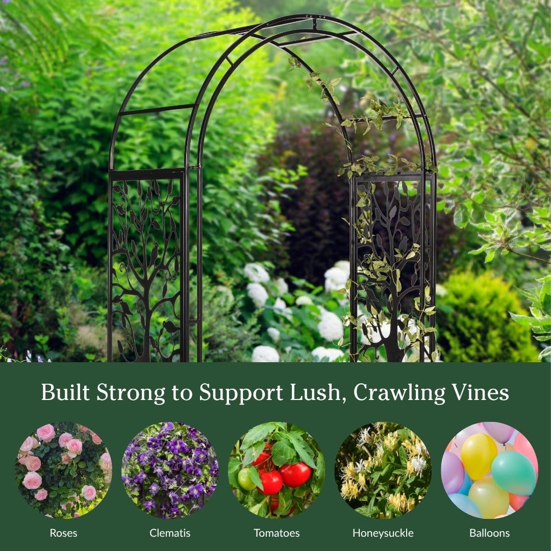 Plow & Hearth Metal Garden Arch Trellis Arbor Tree of Life Panels, 7 feet Freestanding Outdoor Arch Trellis for Climbing Plants, Pathway Entry and Wedding Garden Decor