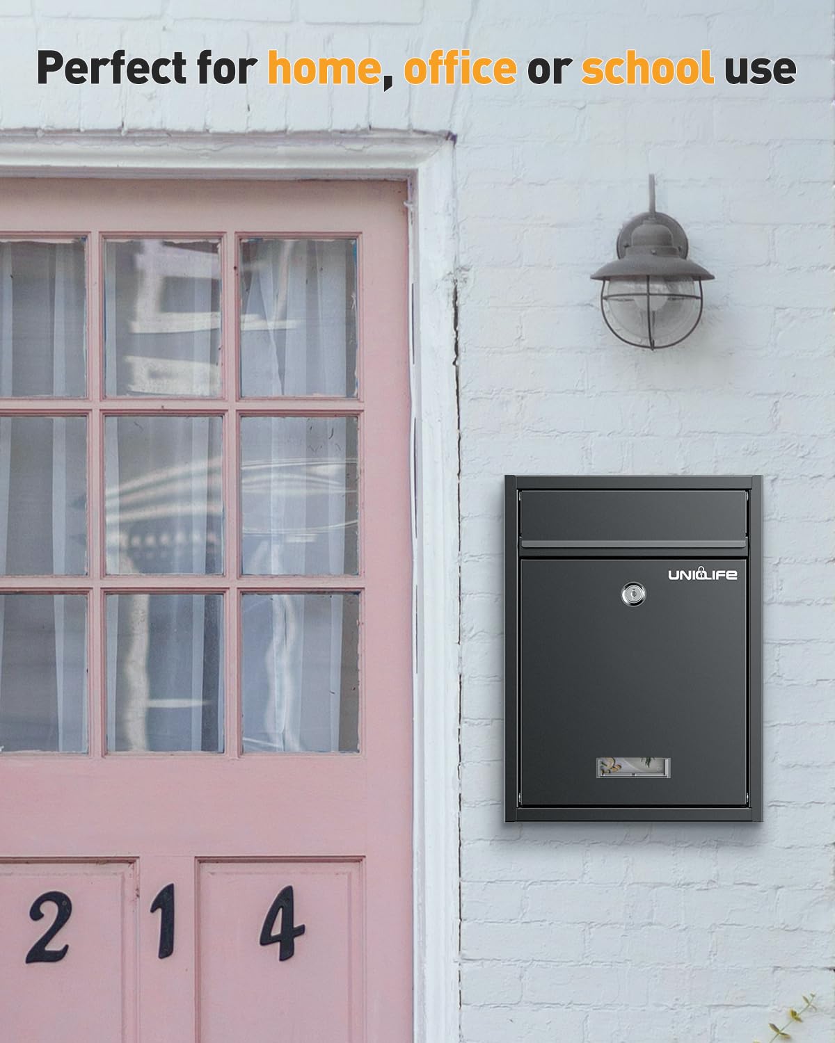 Uniclife Wall Mount Mailbox for Outside, Locking Mail Box, Large Mailbox with Key Lock, Security Mail Box for House, Safe Key Drop Box, Post Box, Steel Cash Drop Box for Home Office School, Black