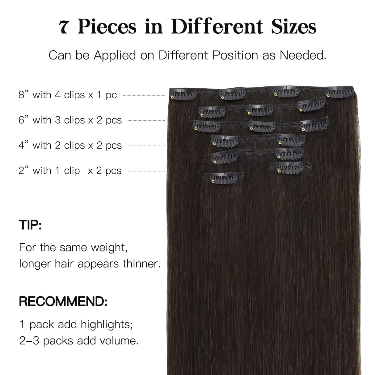 HOTBANANA Human Hair Clip in Hair Extensions, Dark Brown 120g Clip in Hair Extensions Real Human Hair Straight Remy Hair Clip in Hair Extensions 18 Inch 7pcs