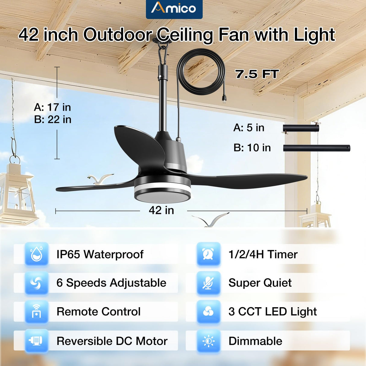 Amico 42 Inch Outdoor Ceiling Fans with Lights for Patios, IP65 Waterproof Gazebo Fan Remote Control, 3000-6000K, 6 Speeds, Hook Hanging Plug in Ceiling Fan for Patio Porch Pergola Garage Canopy