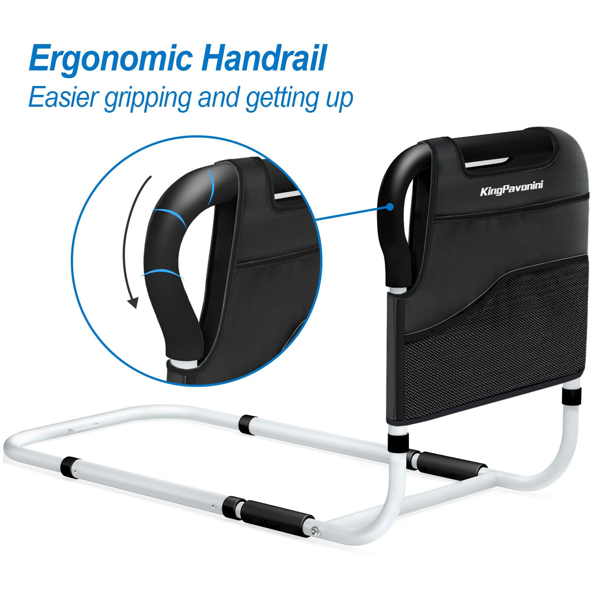 KingPavonini Bed Side Assist Handle Bar Safety Rail for Elderly Adults - Medical Bed Mobility Assistant Bar with Free Storage Bag and Fixing Strap, Support Up to 400lbs