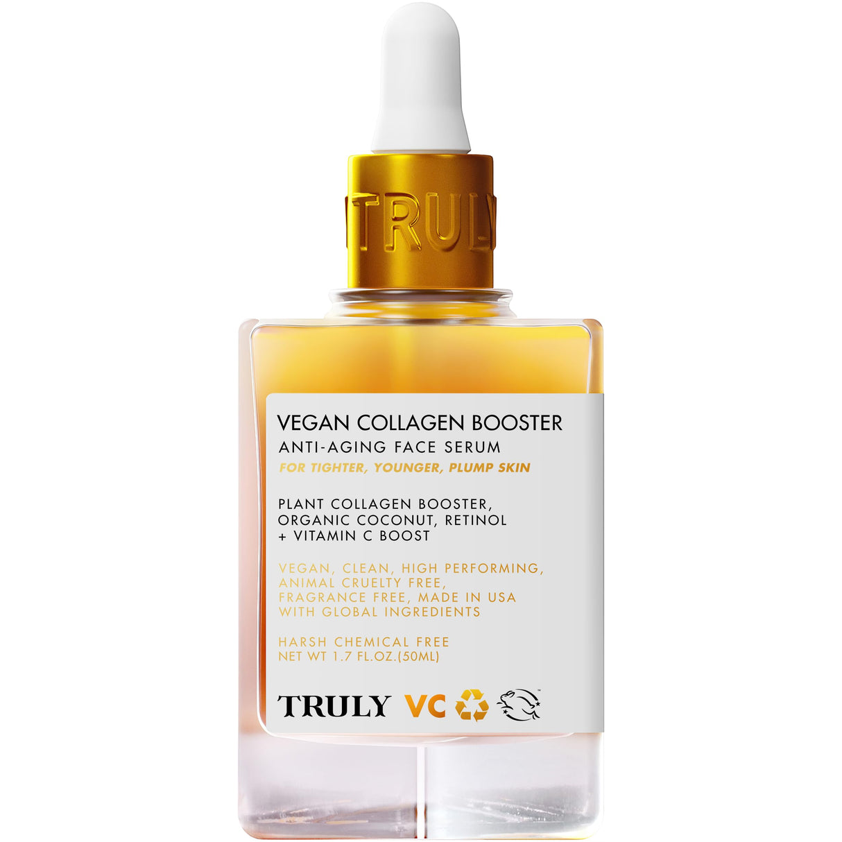 Truly Beauty Vegan Collagen Booster Anti-Aging Serum with Retinol, Vitamin C, and Organic Coconut Collagen Serum for Face Tightens Loose Skin, Fade Age Spots, and Discoloration, 1.7 Fl Oz.