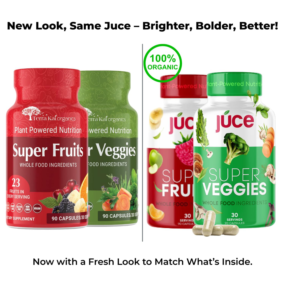 Juce Original Formula - Organic Super Fruit & Veggies Supplement - Gluten/Gelatin Free, Soy Free & Vegan- Reds & Greens Superfood Capsules- 23 Fruits & 23 Vegetables (180 Count)- By Terra Kai Organics