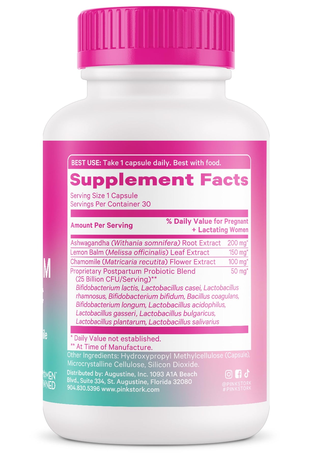 Pink Stork Probiotics for Postnatal Women - 30 Billion CFUS with Ashwagandha and Chamomile, Postpartum Essentials for Hormone Balance, Mood Support, Gut Health, Digestive Wellness, 30 Capsules