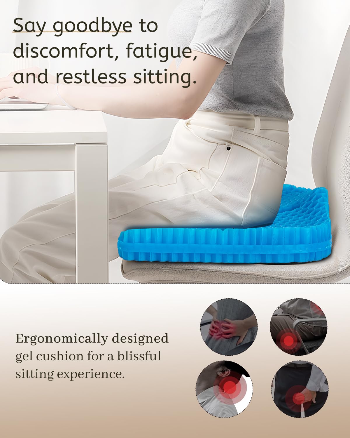 Anzeng Gel Seat Cushion for Long Sitting & Hip Pain Relief (Large Size) - Cooling 3D Cushions for Office Chair, Car, Wheelchair, Breathable & Non-Slip Cover with Pressure Relief Technology