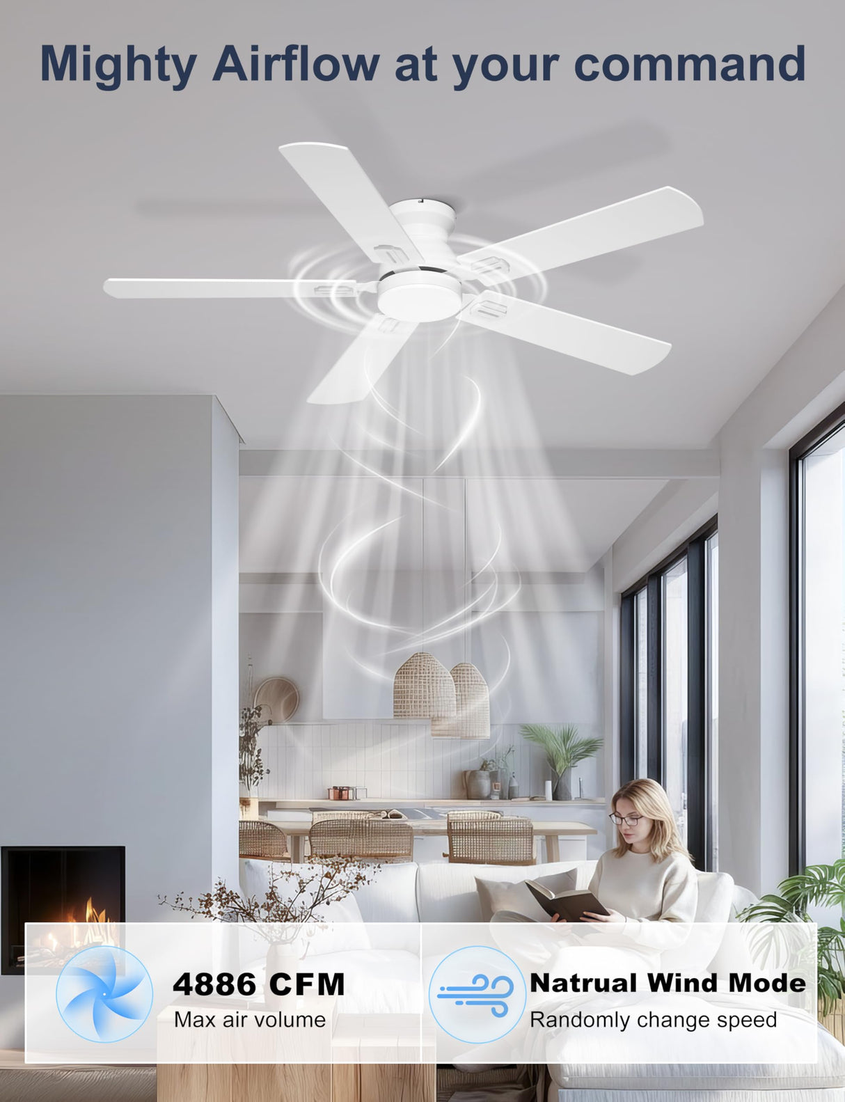 Phylluz 52'' Low Profile Ceiling Fan with Light, White Flush Mount Ceiling Fan for Low Ceilings, Quiet DC Motor, App/Remote Control, Modern Overhead Fan for Bedroom Living Room