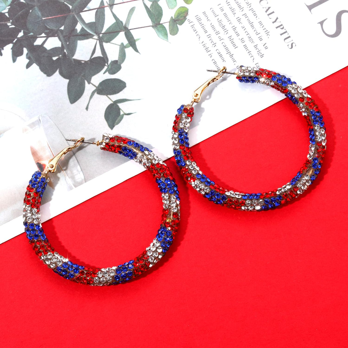 NLCAC USA Hoop Earrings Red White Blue Patriotic Resin Rhinestone Wrapped Hoop Dangle Earrings for Women(USA Round)