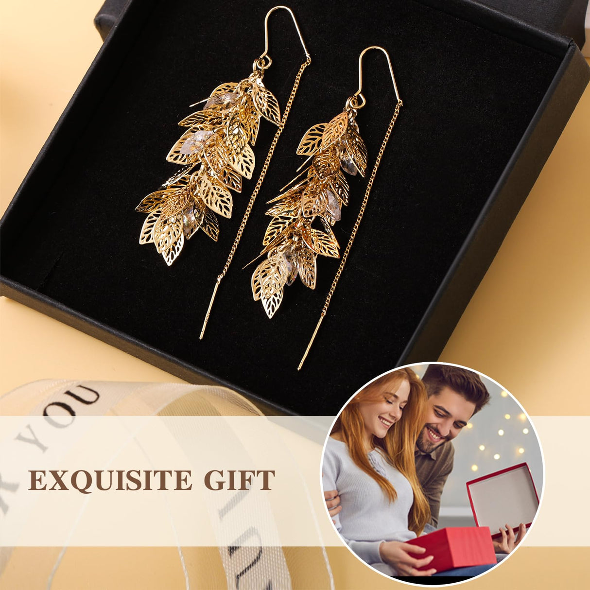 ZioNNyxviana 14K Gold Plated Leaf Threader Crystal Earrings for Women, Long Tassel Elegant Dangle Drop Earrings for Weddings, Galas, and Formal Events, Hypoallergenic Lightweight Jewelry Idea Gift(Gold)