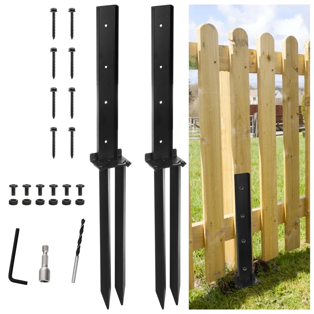 TOPZEA 2 Pack Fence Post Repair Kit, Heavy Duty Steel Stabilizer Stakes, Ground Anchors Spike to Fix Leaning/Tilted/Broken Wood Posts, Metal Support for Garden & Yard Fencing, Black