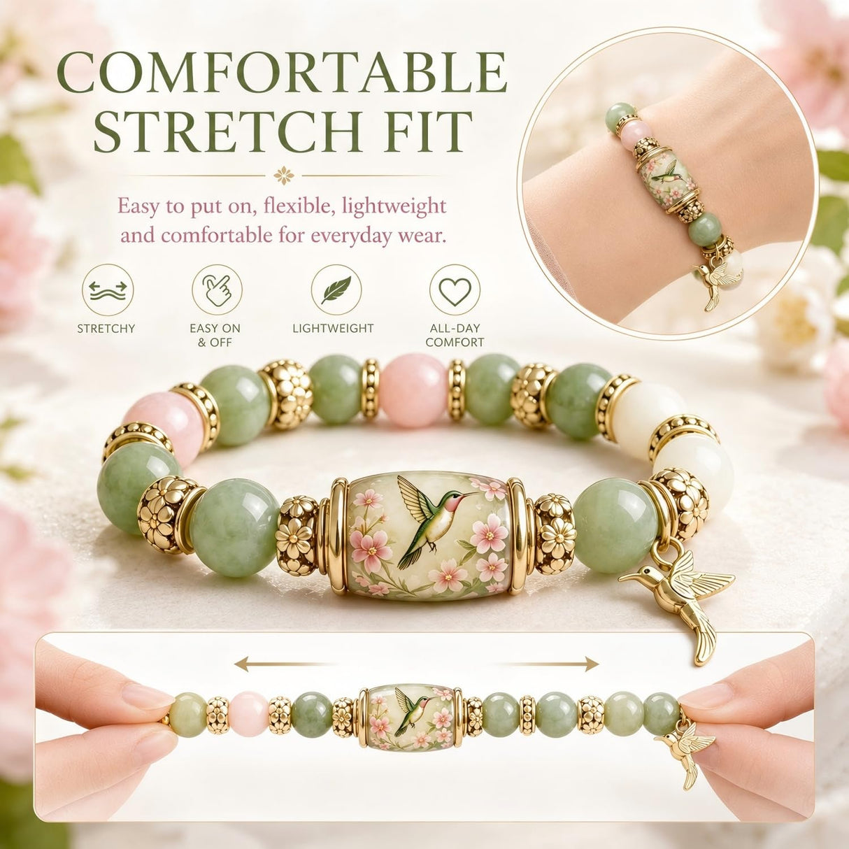 VOOYVEX 2026 Hummingbird Blessing Jewelry Beads Bracelet for Women Spring Garden Hummingbird Charm Thick Elastic Beaded Bracelets with Giftbox