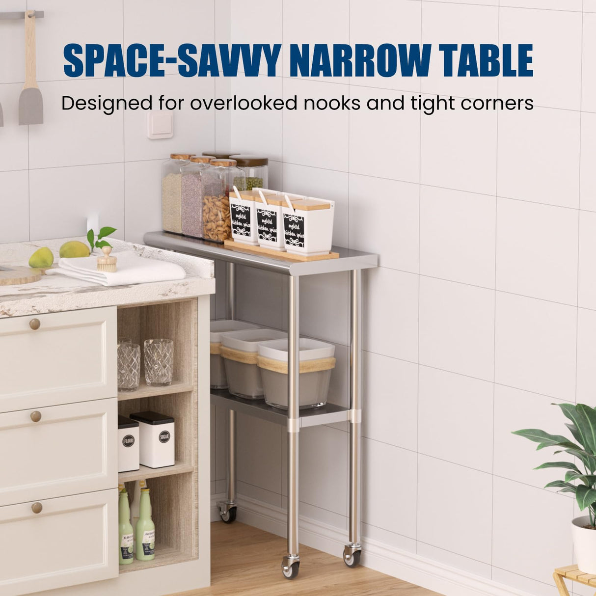 Chingoo Stainless Steel Table with Wheels 14 x 30 Inches Metal Prep Table with Adjustable Undershelf & Casters for Commercial Kitchen, Outdoor, Restaurant, Hotel & Garage