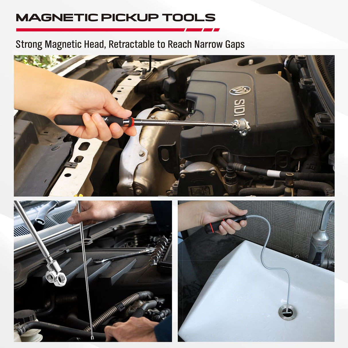 6-Piece Telescoping Magnetic Pickup Tools Set: 31in Portable Magnetic Pickup Stick, 25in Pen-Style Magnetic Pickup Tool, 20in Flexible Bendable Spring Magnet Stick with 4in 9in Magnet Parts Tray
