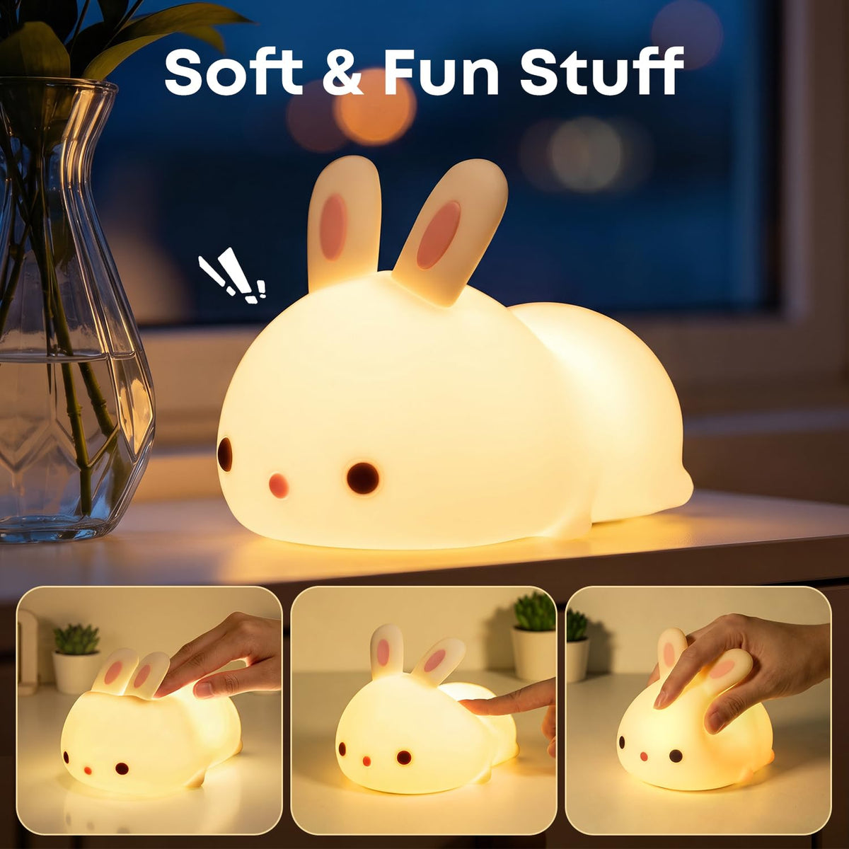 Kawaii Bunny Toys for Girls Gifts, 16-Color Silicone Night Light Cute Lamp