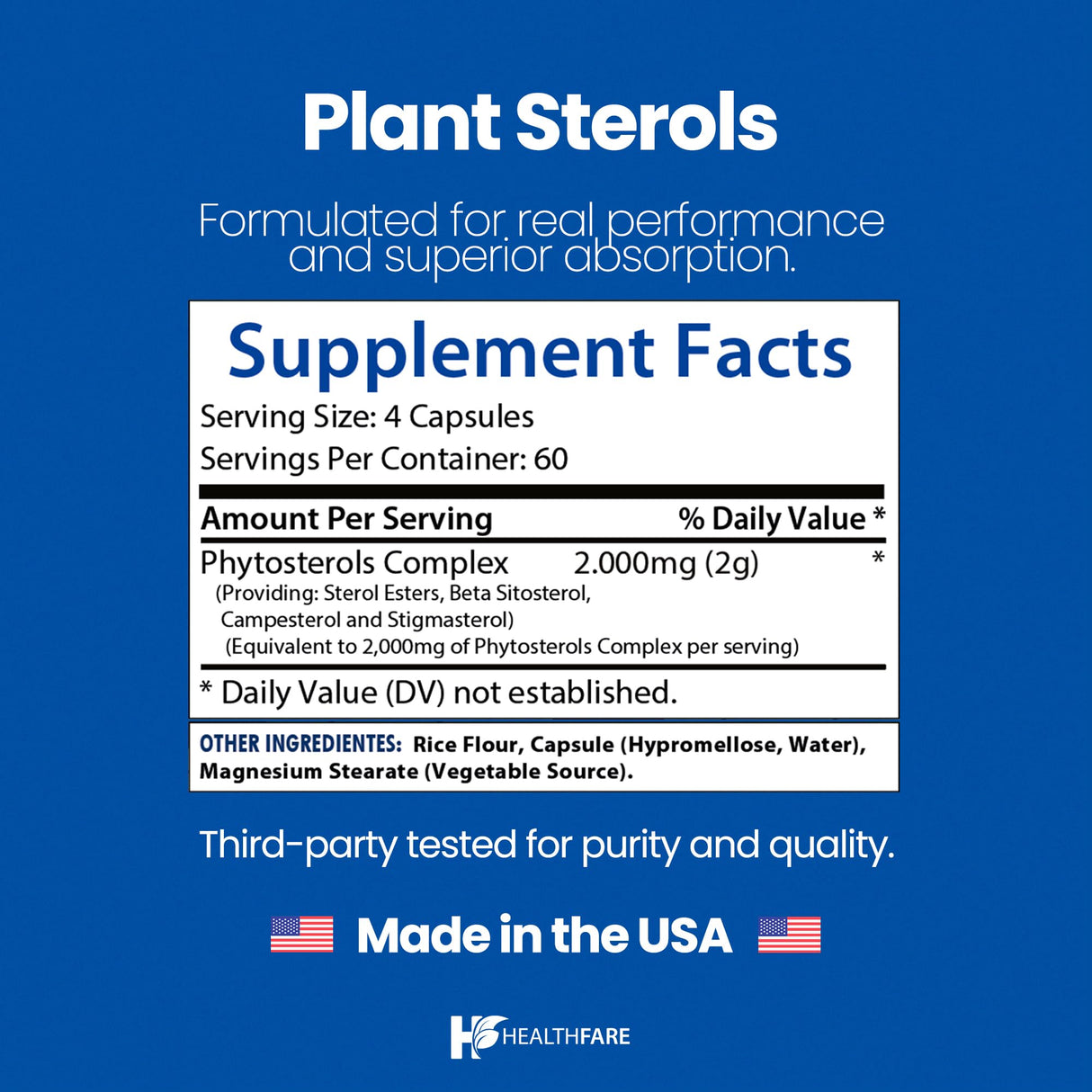 Healthfare Plant Sterols Capsules 2000mg | 240 Vegan Capsules | Beta Sitosterol & Phytosterol Complex | Plant-Based Supplement | Non-GMO & Gluten-Free | Made in The USA