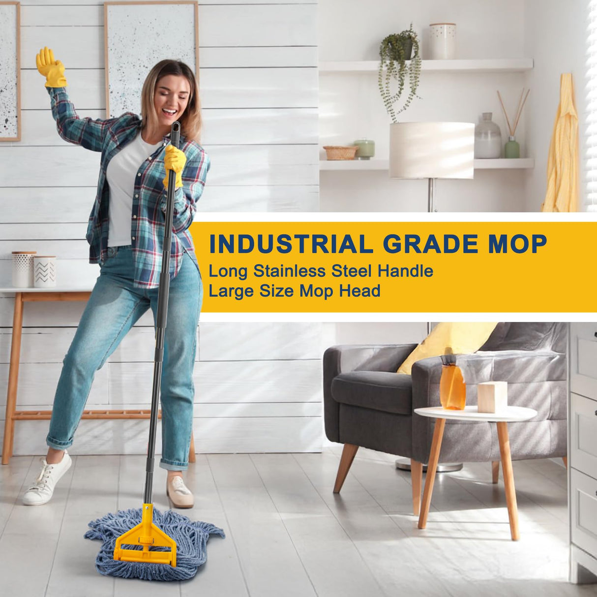 KeFanta 2 Pack Commercial Mop Heavy Duty Industrial Mops,60 inch Long Handle with Looped-End String Cotton Wet mop Head Replacement for House,Kitchen,Laminate,Tile,Vinyl,Hardwood Floor Cleaning(Blue)