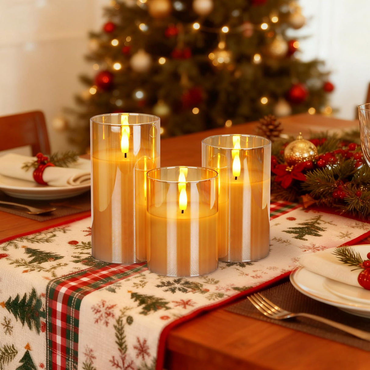 Amagic Gold Glass Flameless Candles Battery Operated with Timer, Remote Control, Flickering LED Fake Pillar Candles for Fall Decoration, Christmas Thanksgiving Decor, Amber, Set of 3