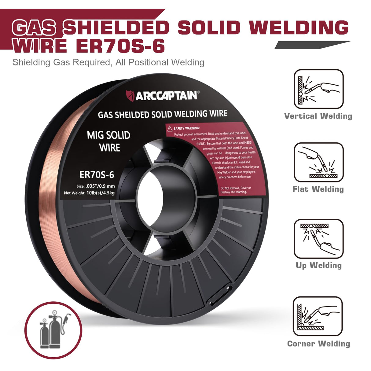 ARCCAPTAIN Mig Welding Wire, 0.035 10Lb Mig Wire ER70S-6 10Lbs Gas Solid Carbon Steel Low Splatter Mig Welding Wire Compatible With Lincoln Miller Forney Harbor Welder 0.09 4.5KG