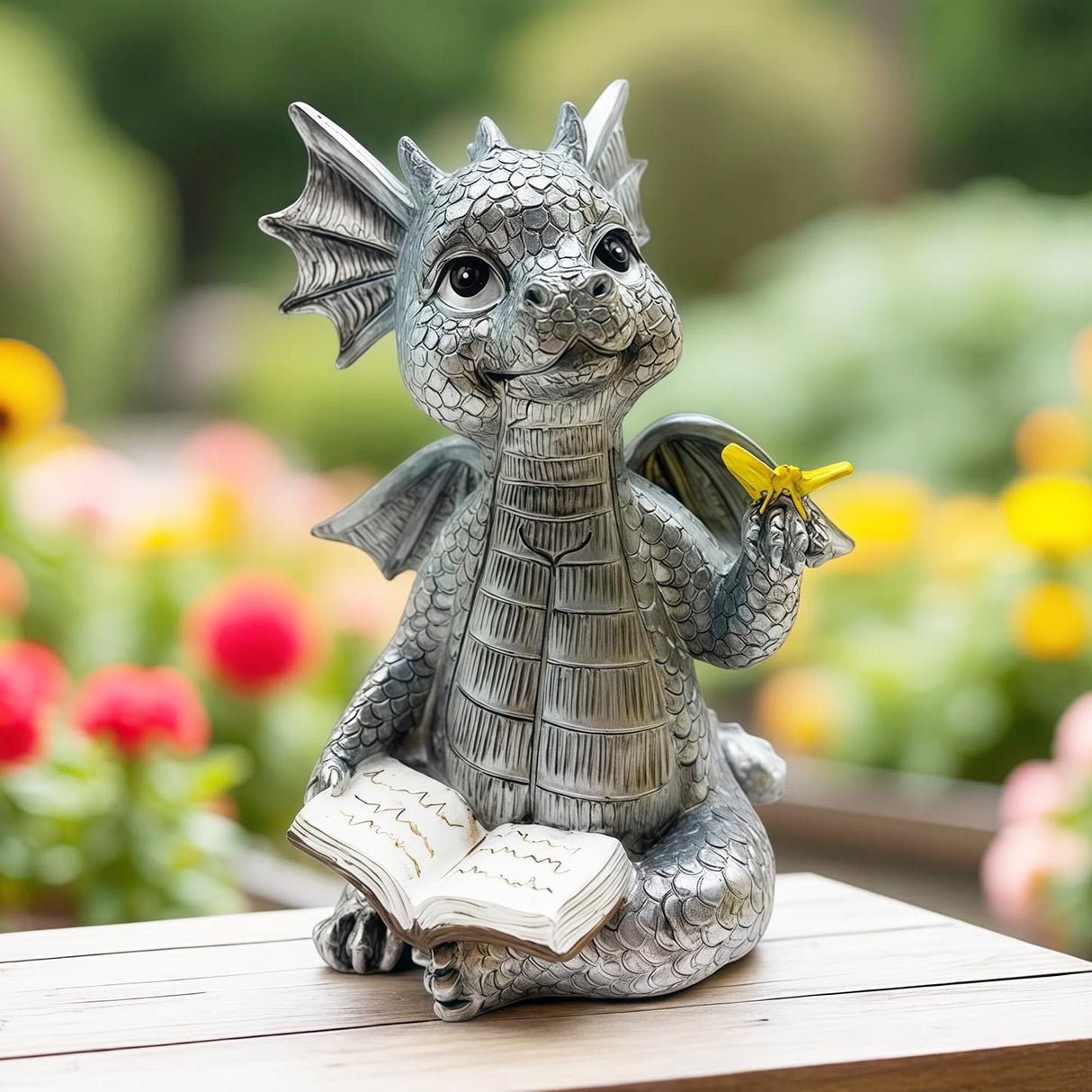 JARPSIRY Cute Dragon Reading Book Statue, 5.9-Inch Tall Dinosaur Holding Butterfly Figurines Art Resin Sculpture Outdoor Garden Decor Home Desk Ornaments