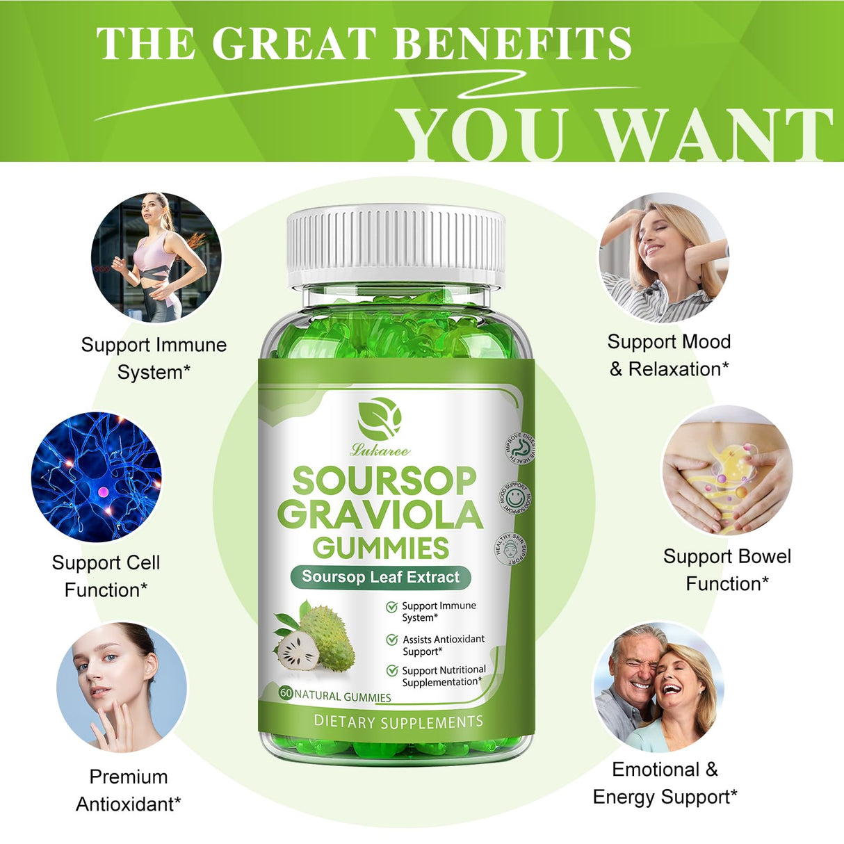 (2 Pack) Soursop Graviola Gummies - Soursop Leaves Extract w/Vitamin C, Zinc & Whole Natural Food for Immunity, Liver, Zzz & Antioxidant, Gluten Free, Vegan, 120 Gummies