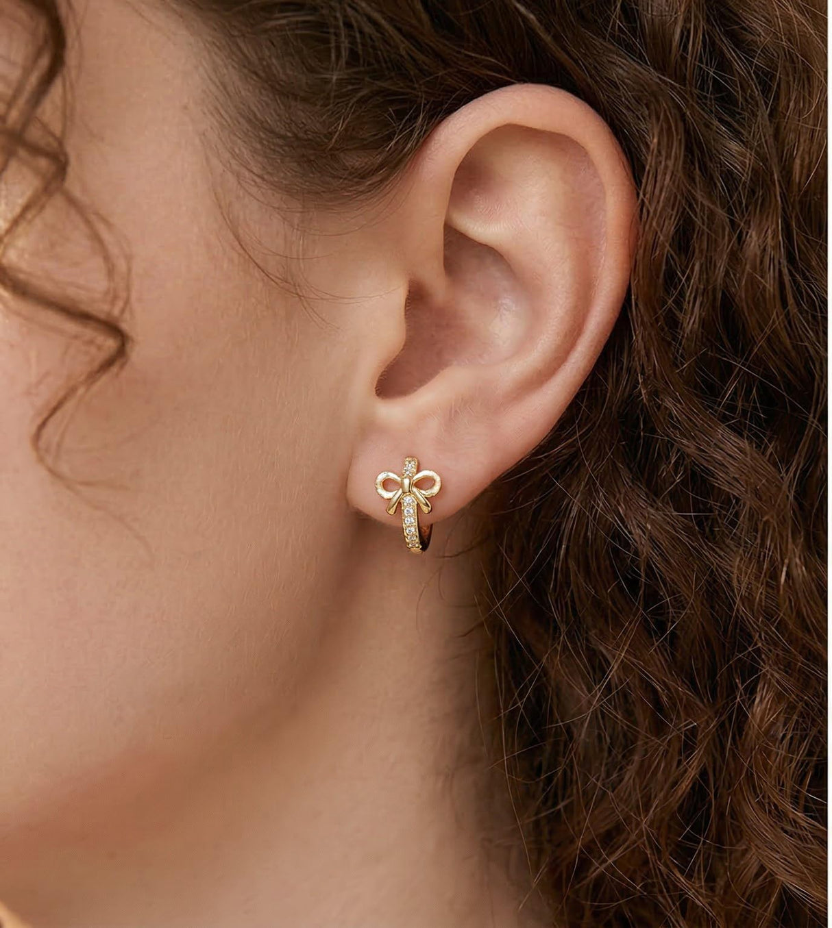 Reffeer Solid 925 Sterling Silver CZ Bow Hoop Earrings Ribbon for Women Teen Girls Bowknot Hoop Earrings Huggie (B-18K Gold)