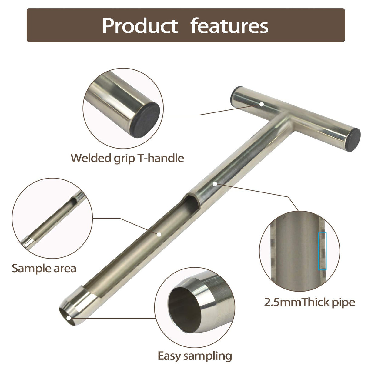 HiHydro 12 Inch Stainless Steel Soil Probe with 2 Sample Bags, T-Handle Soil Test Kit for Plant Care, Garden, Lawn, Farm