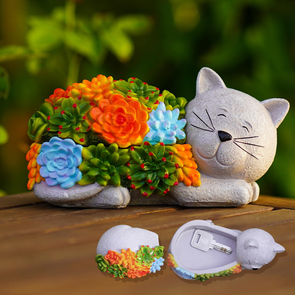 Fashionoda Outdoor Cat Key Hider Statue - Cute Succulent Hide a Key Outdoor Decorative - Small Gift Box for Women, Home Decor & Cat Gifts