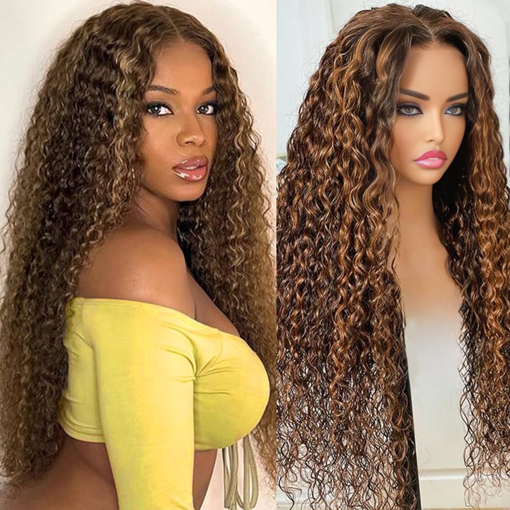 ADESORAES Highlight Ombre Lace Front Wig Human Hair 180% Density 4/27 Honey Blonde Water Wave Lace Frontal Wigs 26 inch Wet and Wavy Curly Glueless Wigs Human Hair Pre Plucked with Baby Hair