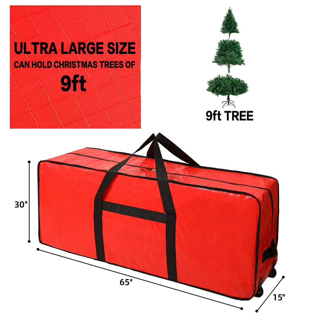 HOMEST Christmas Tree Storage Bag, Fits for 9 ft Xmas Artificials, Zippered Bag with Reinforced Carrying Handles and Wheels, Red (Bag Only)