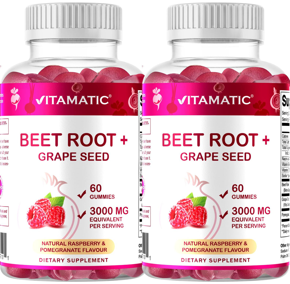 Vitamatic Beet Root Gummies - 3000mg Equivalent Per Serving - 60 Gummies - Made with Vitamin B6, B12, Grape Seed, Pomegranate & Nicotinamide (Pack of 2)