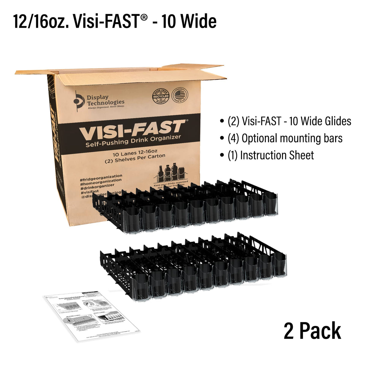 Visi-FAST Spring Push Drink Dispenser, Refrigerator Organizers and Storage for 12/16 oz Beverages, Bottles, and Cans, Drink Dispenser for Fridge, Commercial and Home, (Pack of 2)