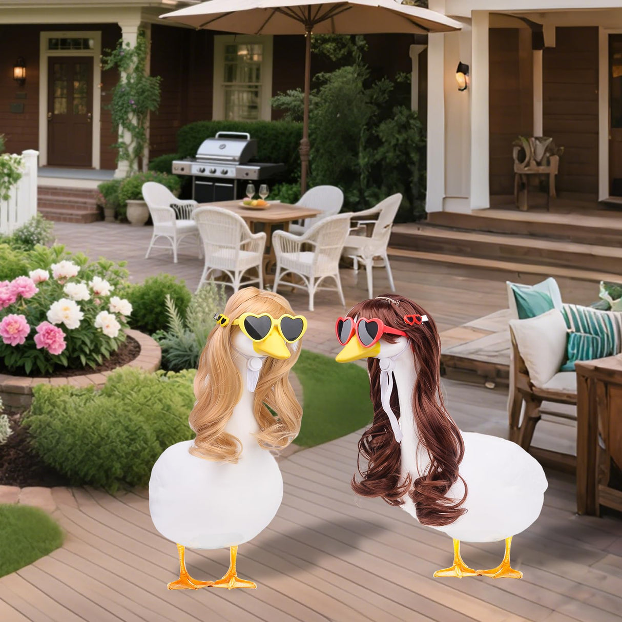 MuMyer 4 Pcs Porch Goose Wigs, Funny Lawn Porch Goose Statue Braid Wig with Hair Clips and Sunglasses for Outdoor Garden Patio Yard Goosey Decoration