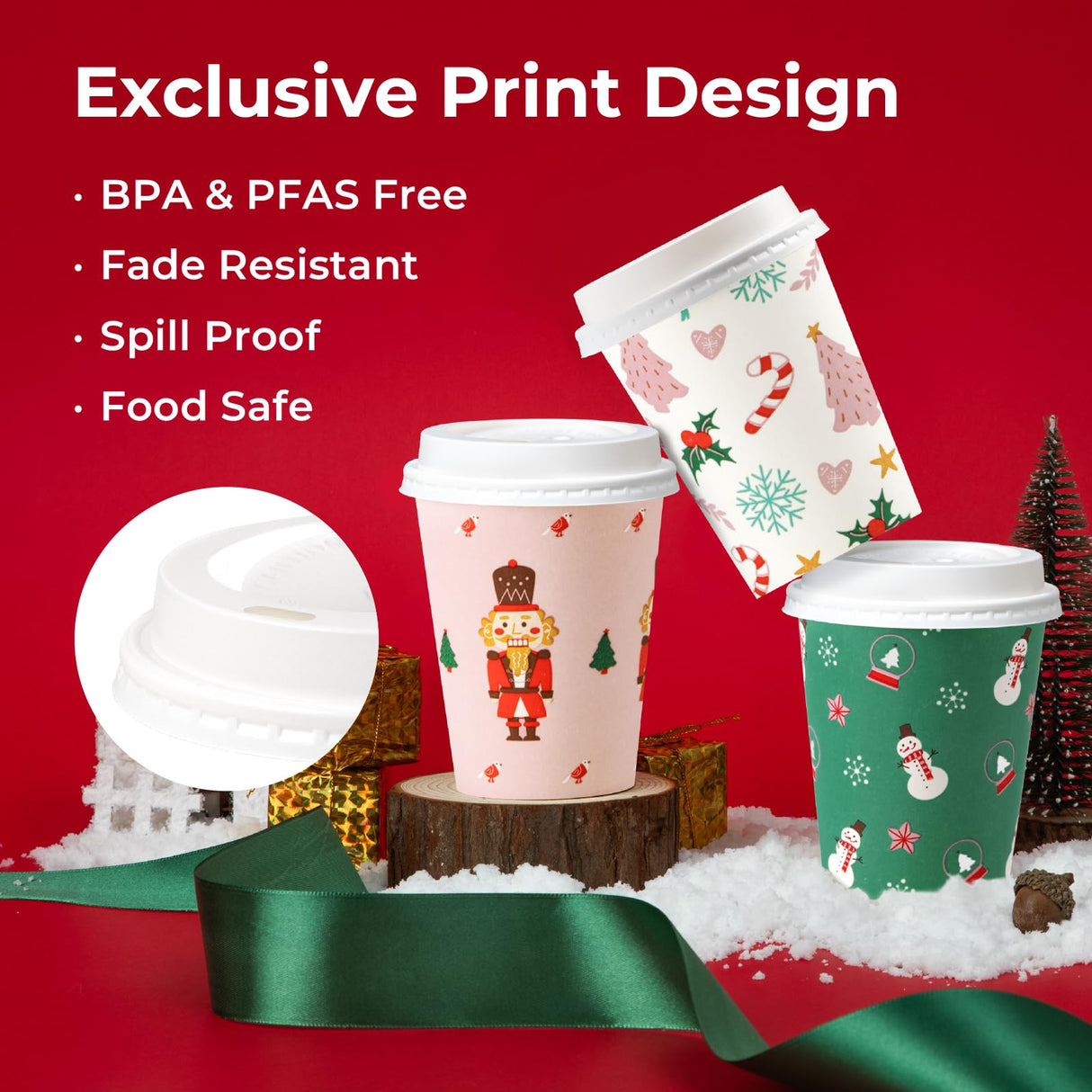 Fit Meal Prep 50 Pack 12 oz Christmas Disposable Coffee Cups with Lids, Premium Paper To Go Paper Cups, Leak Proof Hot Coffee Cups for Travel, Office, Hot/Cold Beverages (White Lids)