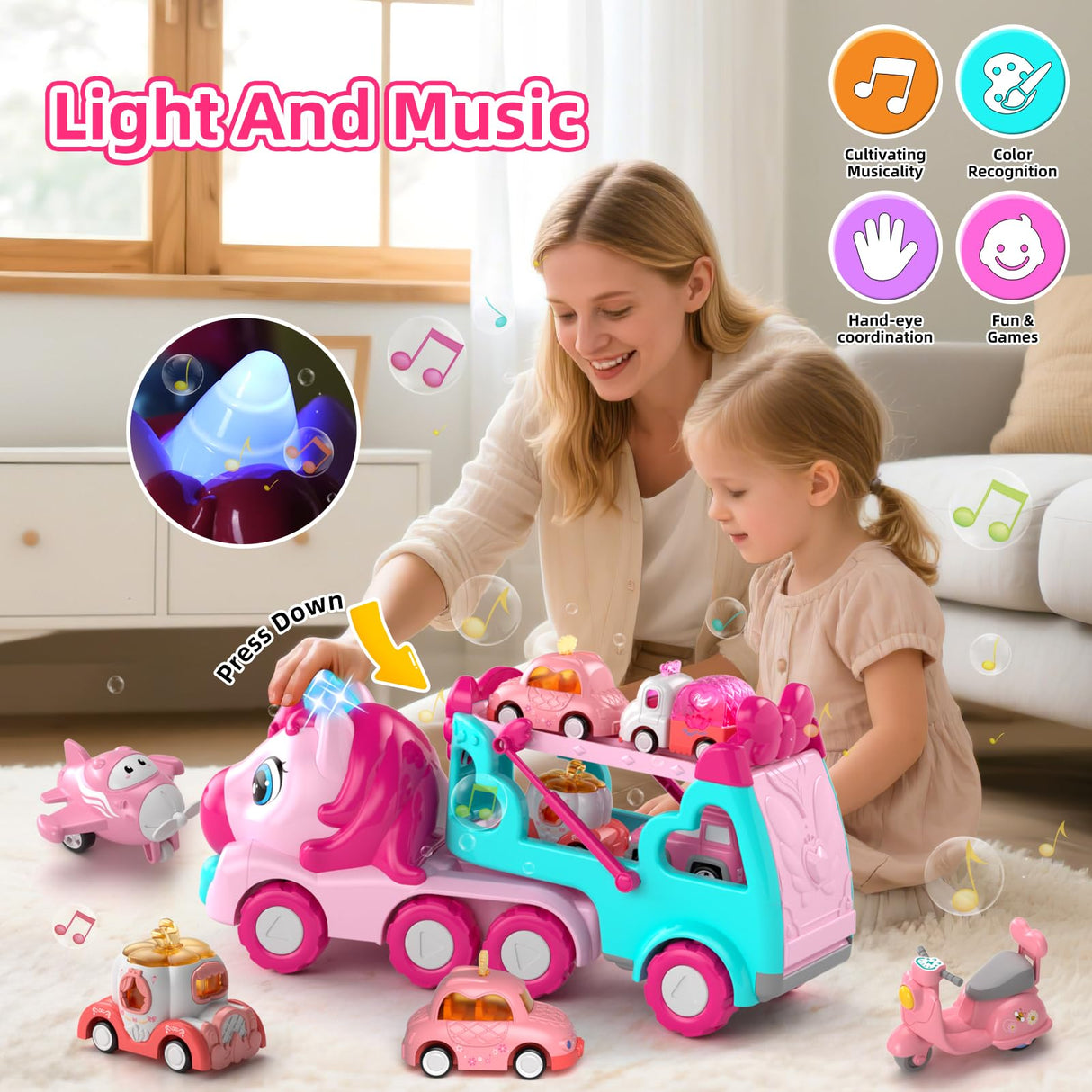 newcrave 7 in 1 Carrier Truck Cars Toys for 1 2 3 Year Old Girls, Toddlers Girl Toy with 6 Mini Cars, Princess Girl Car Toys Age 1 2 with Light & Music, 2+ Year Old Girls Gifts for Christmas Birthday