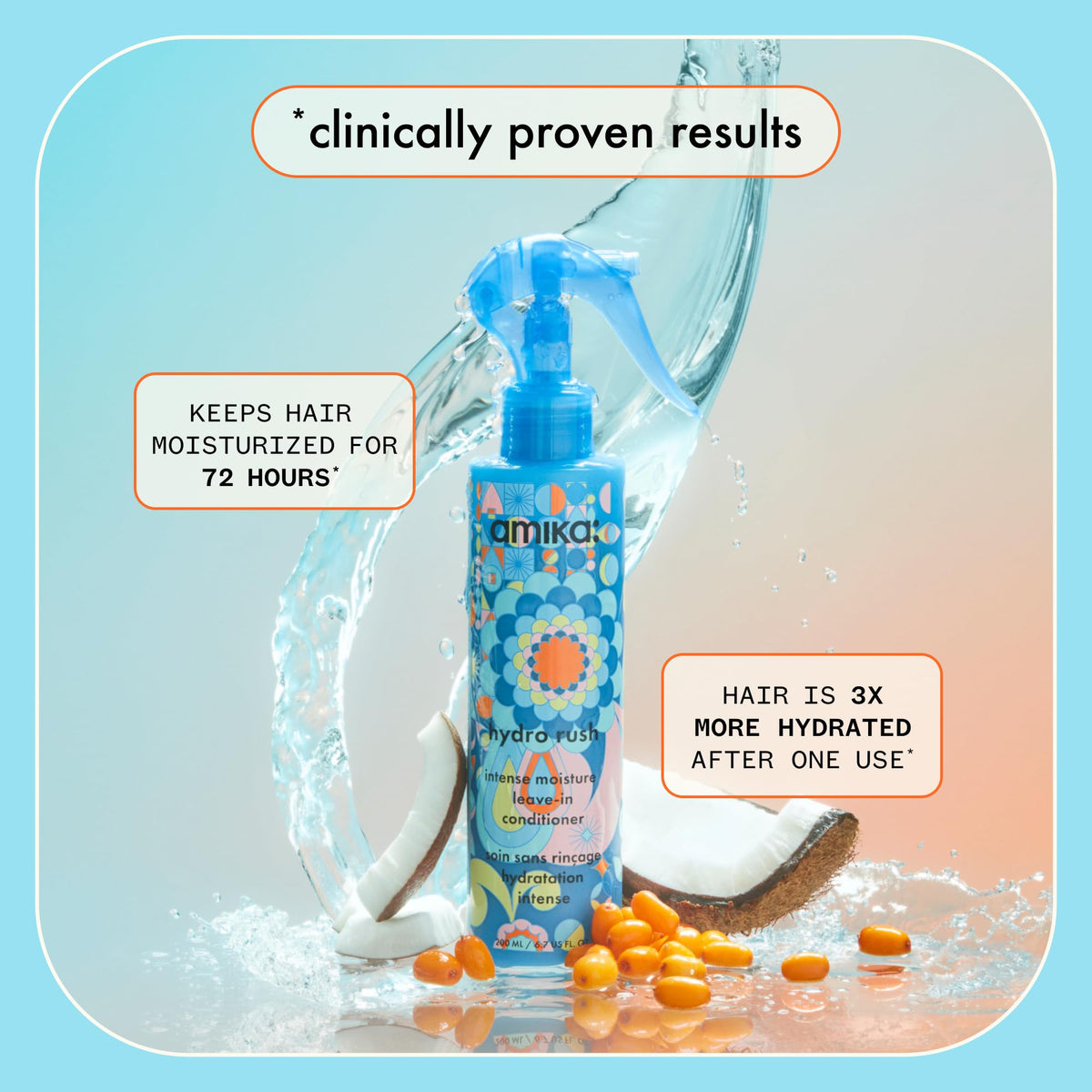 amika Hydro Rush Intense Moisture Leave-In Conditioner with Hyaluronic Acid, 200ml | for all hair types, long-lasting hydration, detangles and reduces frizz