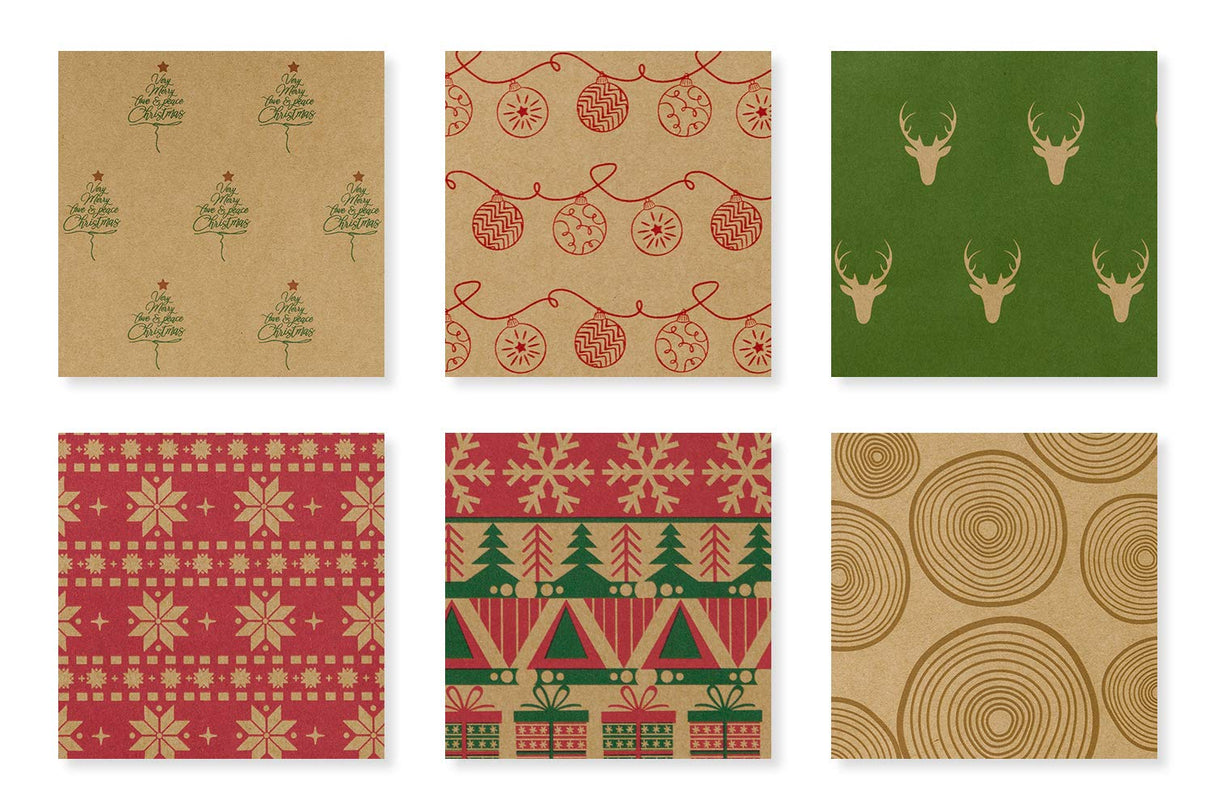 RUSPEPA Christmas Wrapping paper - Brown Kraft Paper with Red and Green Pattern For -Christmas Elements Collection-6 Roll-30Inch X 10Feet Per Roll
