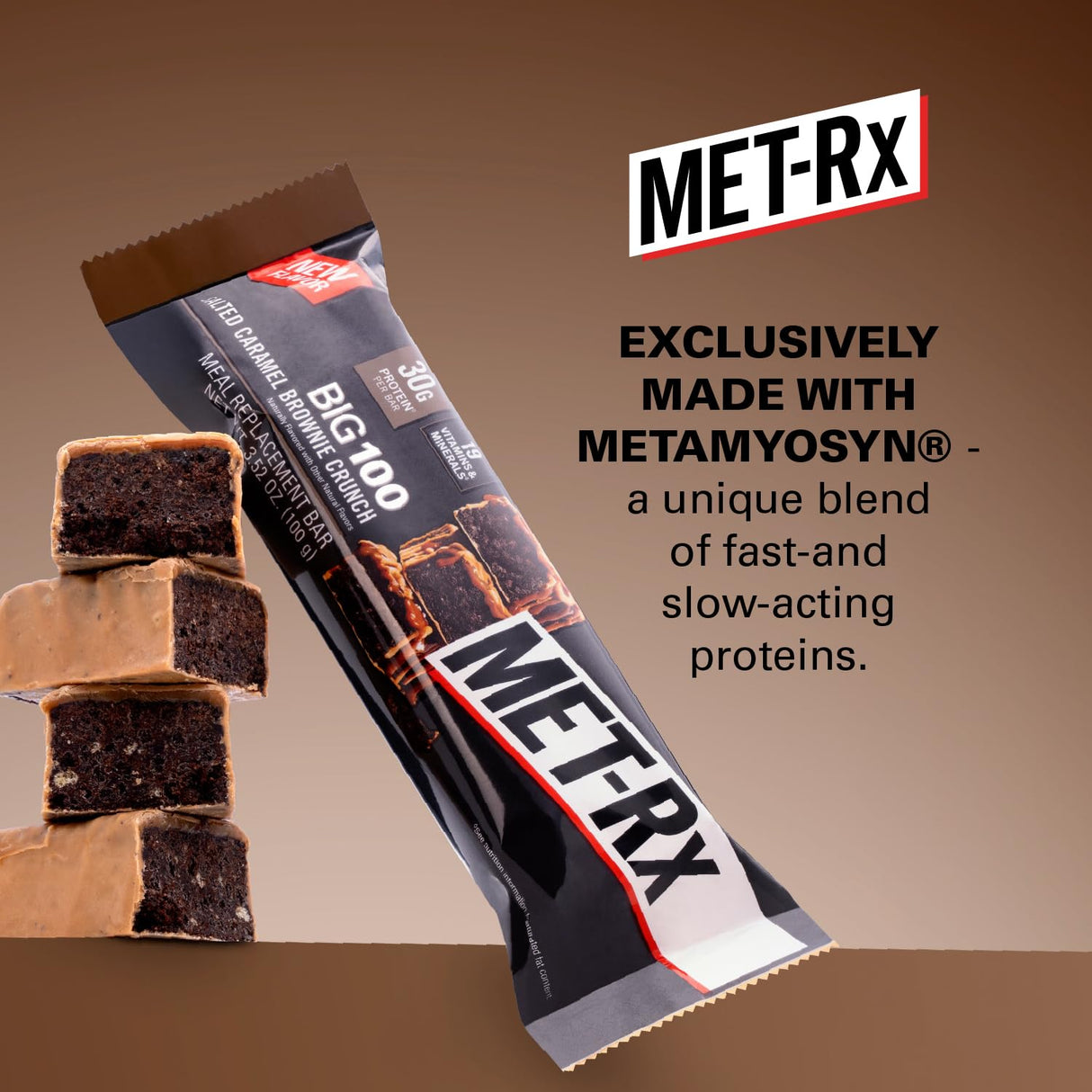 MET-Rx Big 100 Protein Bar, Meal Replacement Bar, 30G Protein, Salted Caramel Brownie Crunch, 9 Count, 3.52 Oz.(Packaging may vary)