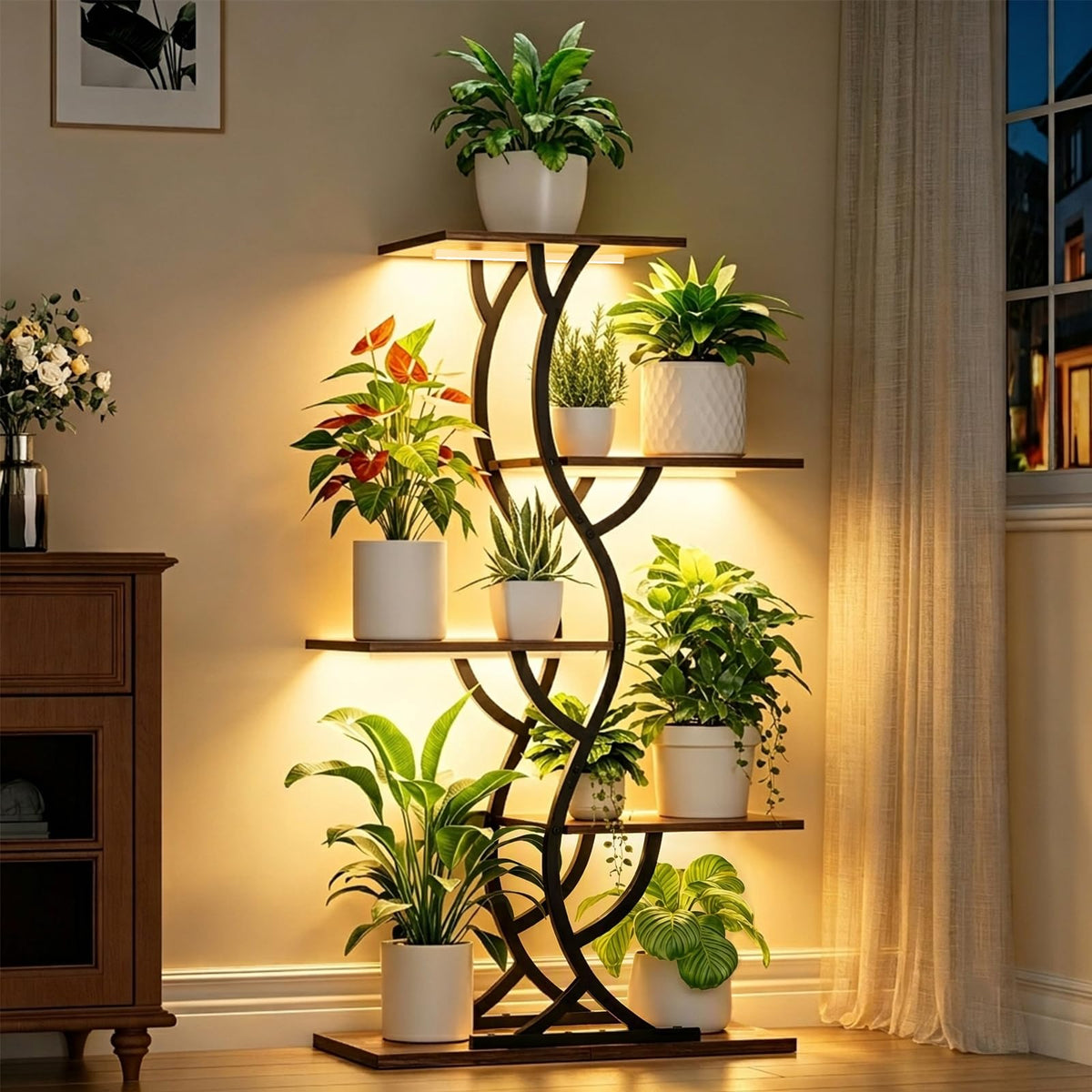 Plant Stand Indoor with Grow Lights - 5 Tiered Corner Plant Shelves (Brown)