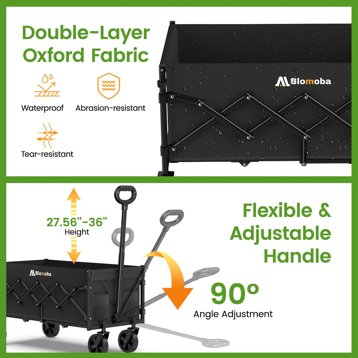 Blomoba 35" Extra Long Folding Wagon with Adjustable Handle & Wheels, Black