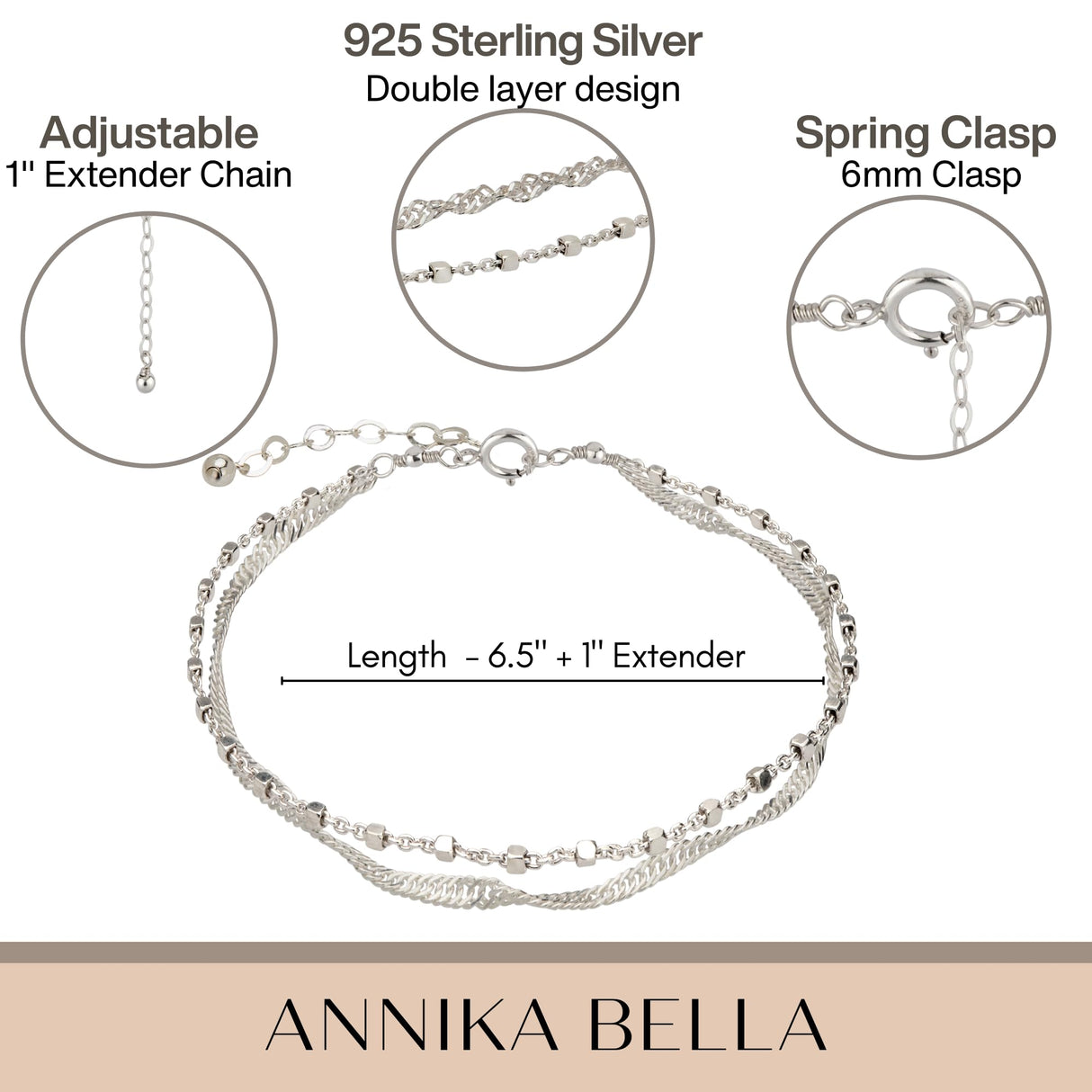 Annika Bella Double Stranded Sterling Silver Bracelet for Women, Dainty Waterproof Chain Bracelet for Women, Teen (Twirl & Satellite Chains)