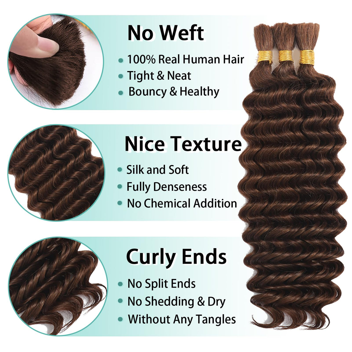 Human Braiding Hair for Boho Braids Human Hair 110g 20 Inch Curly Boho Hair for Braiding Knotless 12A Deep Wave Bohemian 3 Bundles/Pack Chocolate Brown