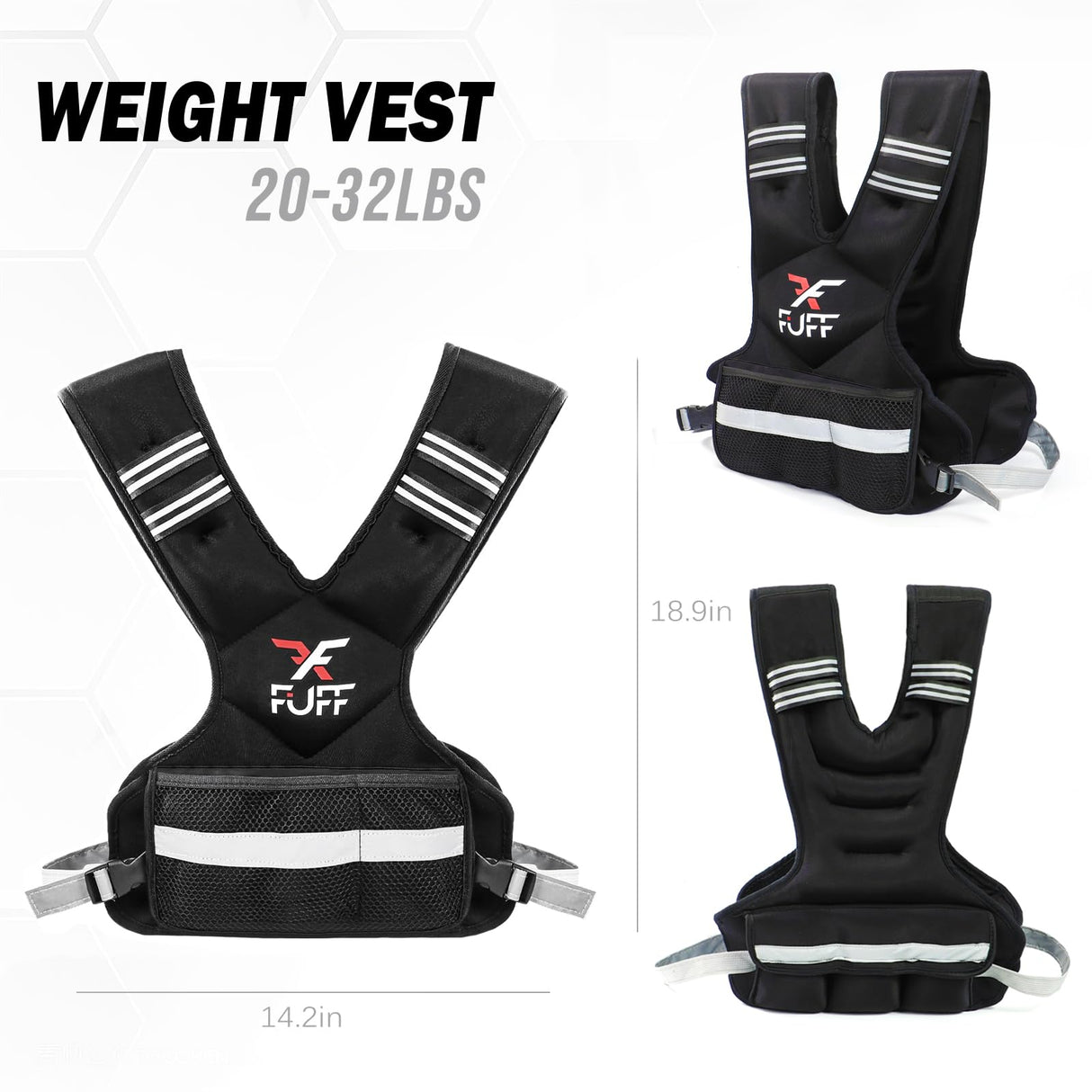 FUFF Adjustable Weighted Vest for Adult, 20-32lb Vest with 6 Ironsand Weights for Strength Training, Large Weight Vest with Reflective Strip for Men & Women