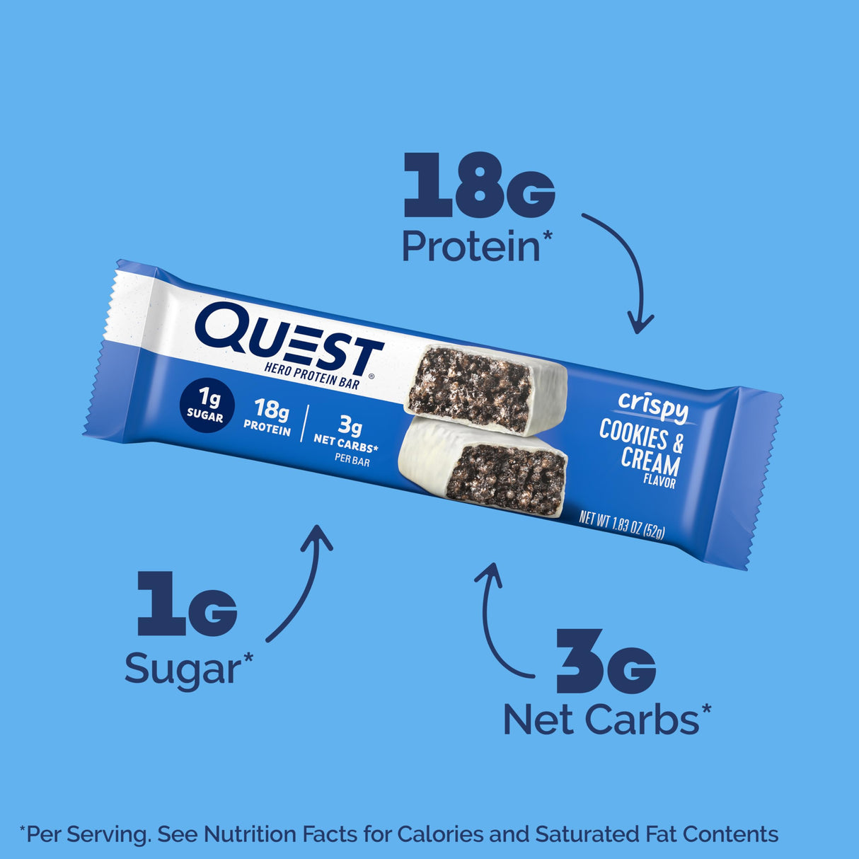 Quest Nutrition Crispy Cookies & Cream Hero Protein Bar, 18g Protein, 1g Sugar, 3g Net Carb, Gluten Free Protein Snack, Keto Friendly, 12 Count