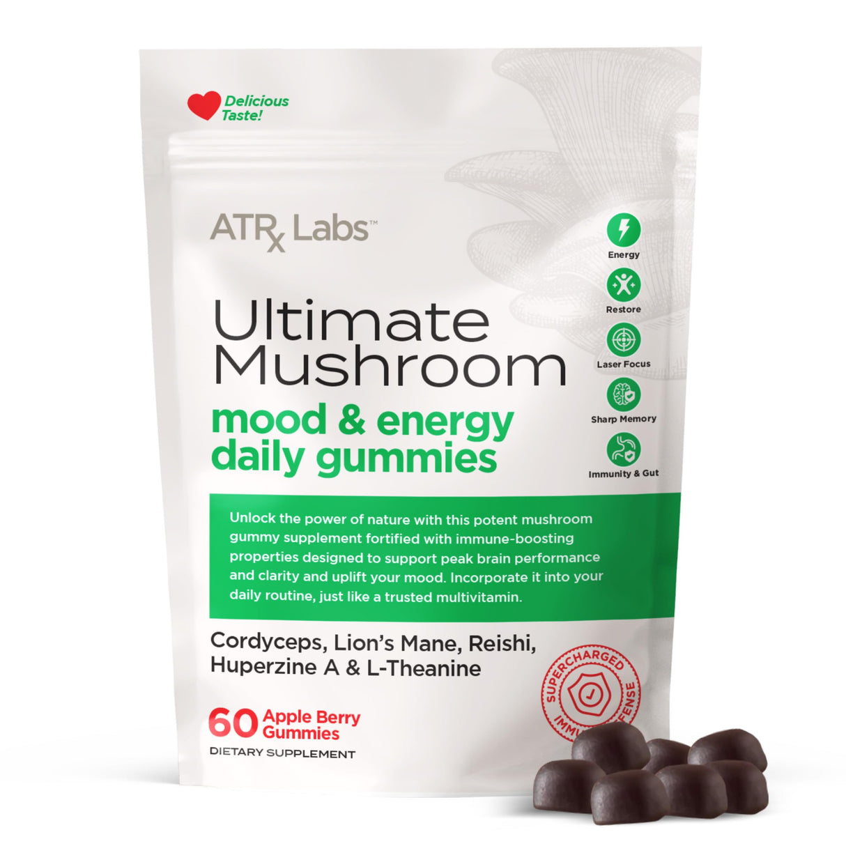 ATRx Labs Ultimate Mushroom Daily Gummies - Mushroom Gummies with Cordyceps, Lion’s Mane, and Reishi, Plus Huperzine A & L-Theanine, May Improve Mood and Energy, Apple Berry Flavor, 60 Gummies