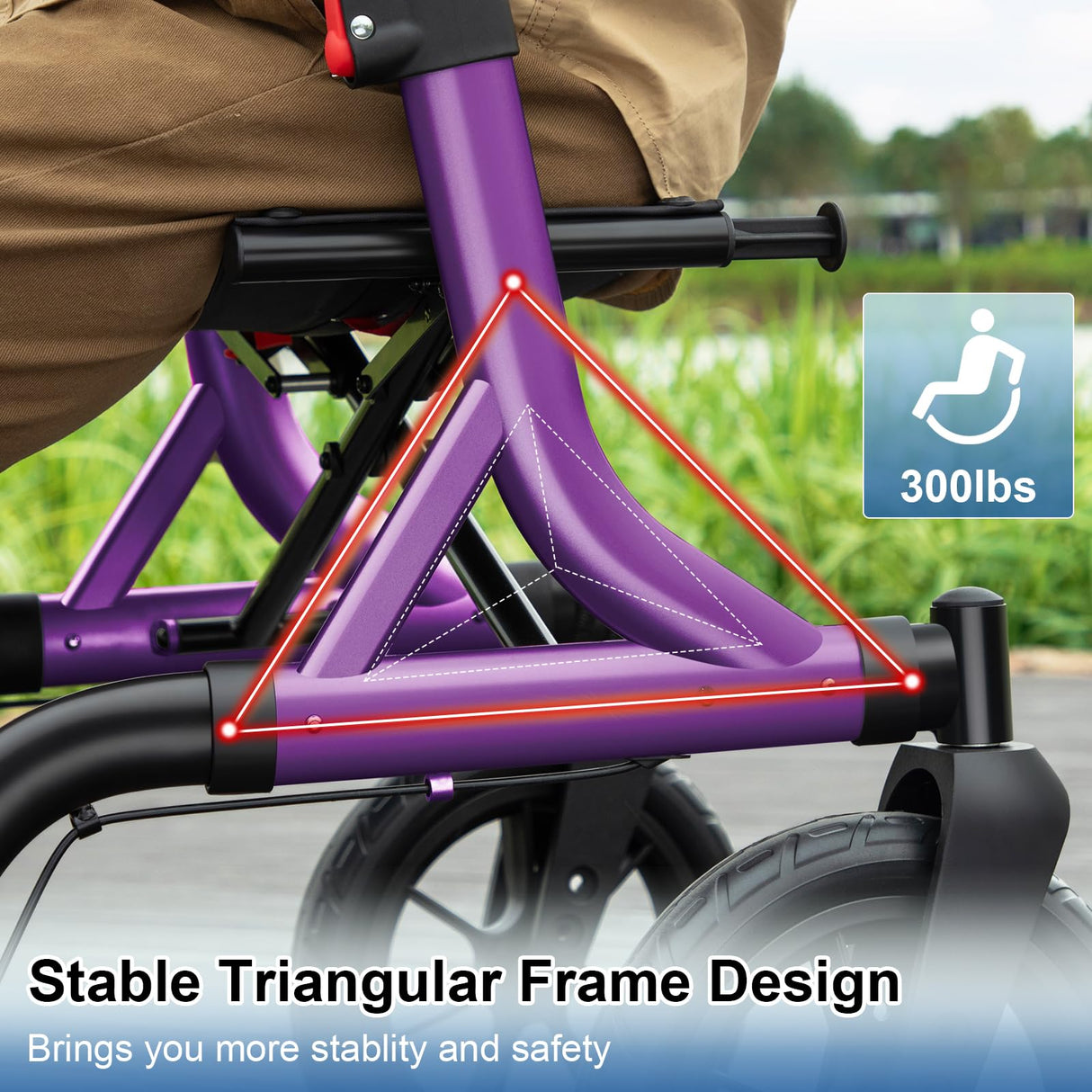 MAXWALK Walkers for Seniors, Rollator Walker with Seat, 12" Big Rubber Wheels All Terrain Rollator Walker with Backrest, Built-in Cable, Cup Holder, Foldable and Height Adjustment for Seniors, Purple