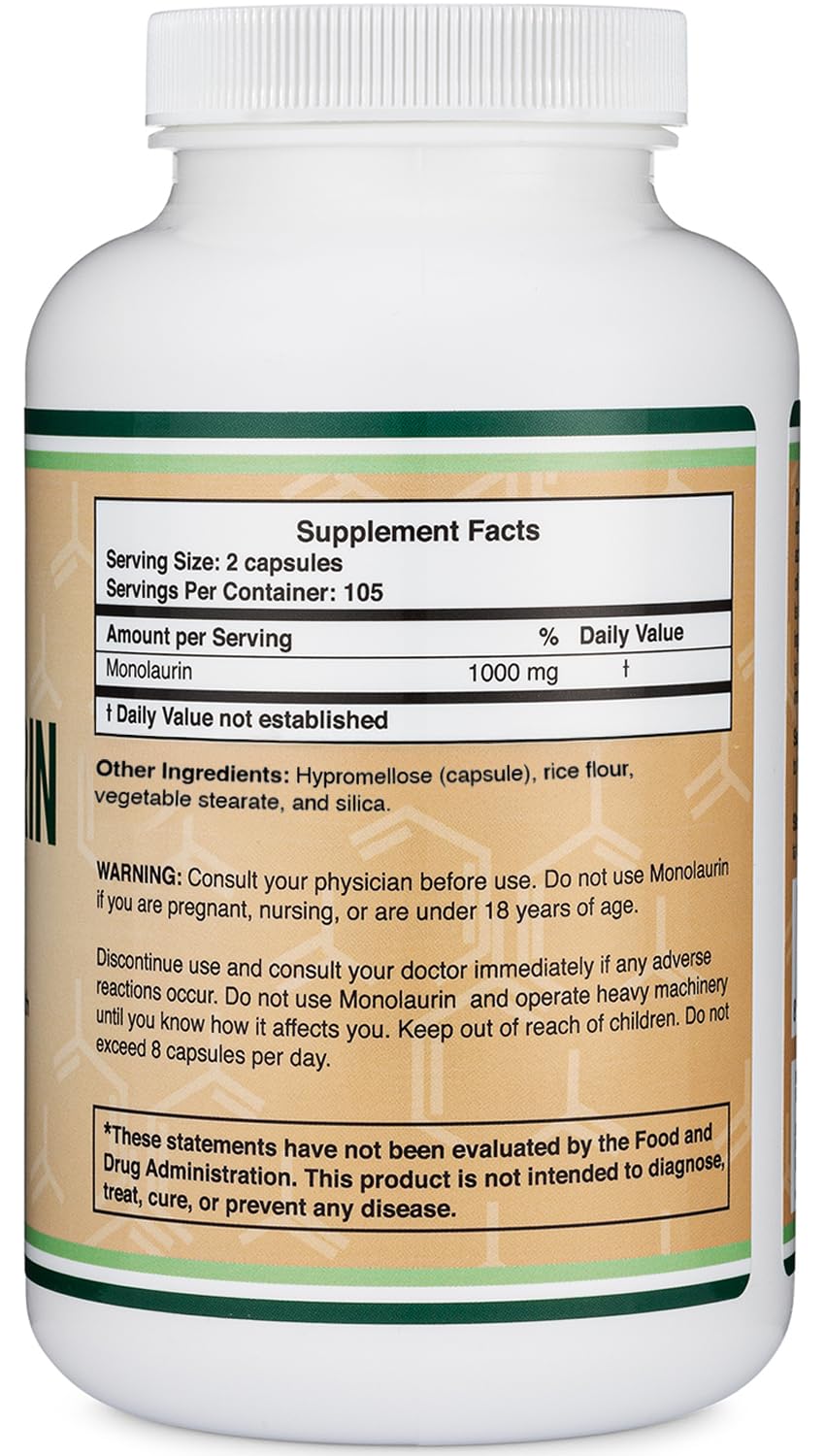 Monolaurin Immune Support Supplement 1,000mg per Serving, 210 Capsules (Vegan Safe, Non-GMO, Gluten Free) Immune Booster for Adults, Immune System Defense by Double Wood