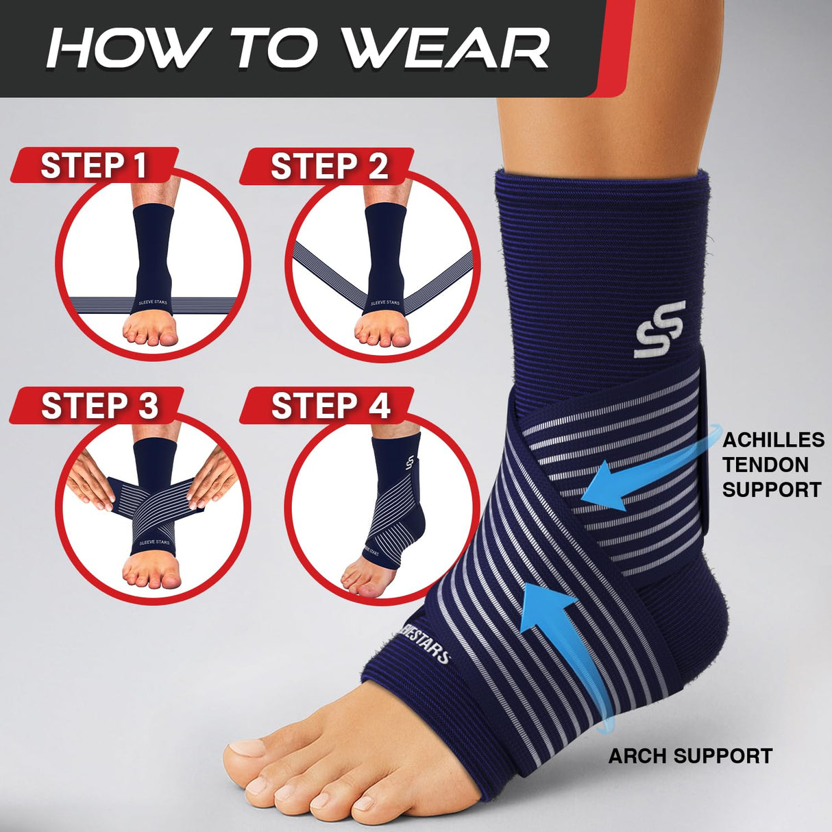 Sleeve Stars Ankle Brace for Women & Men, Ankle Wrap for Sprain, Compression Sleeve for Plantar Fasciitis Relief, Easy Customizable Support: w/ Removable Strap (Single/M:10"-12"/Navy Blue)