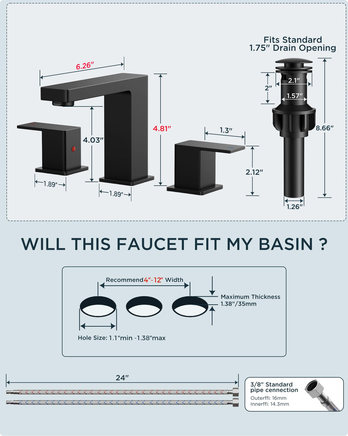 FORIOUS Black Bathroom Faucet 3 Hole, Matte Black Bathroom Sink Faucet 8 Inch Widespread, 2 Handle for Restroom Sink with Pop Up Drain, CUPC Supply Hose and Spare Water Saving Aerator, Vanity 3 Holes